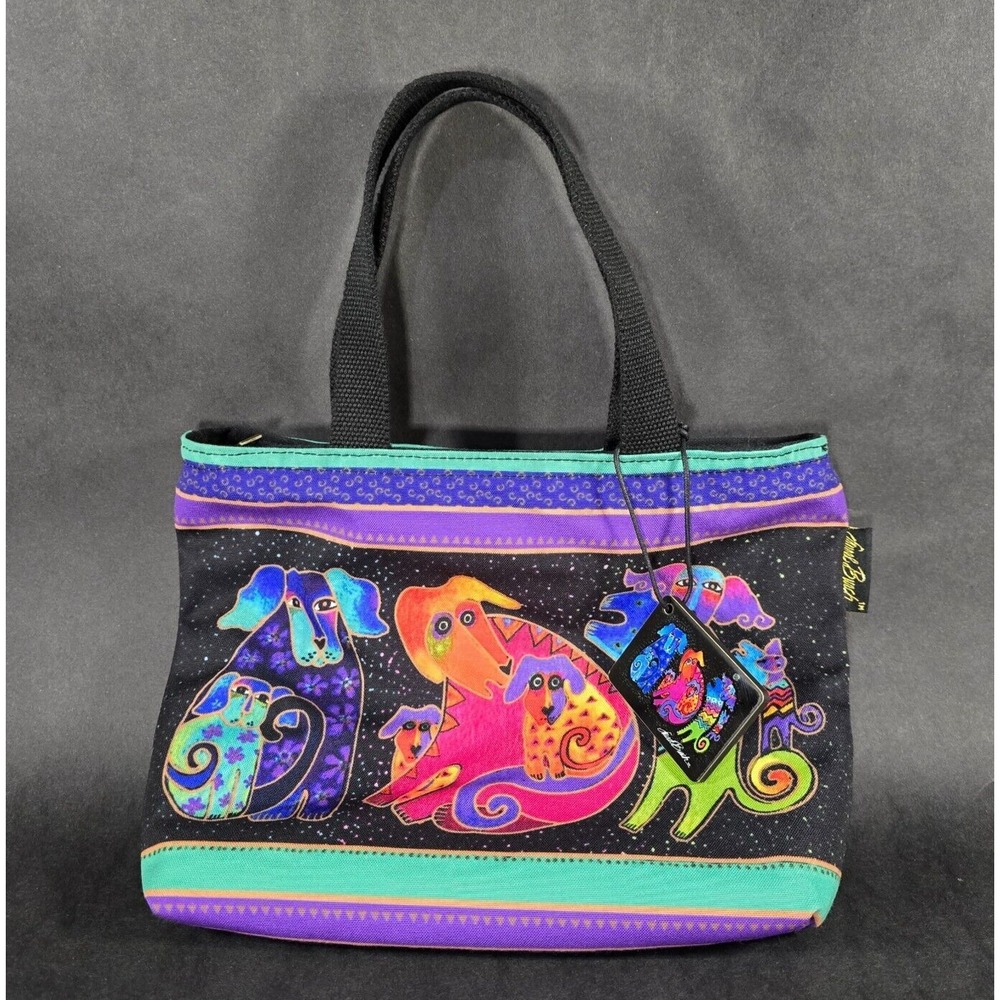 Laurel Burch Dogs and Doggies Small Canvas Tote Handbag Purse Multicolor Handbag